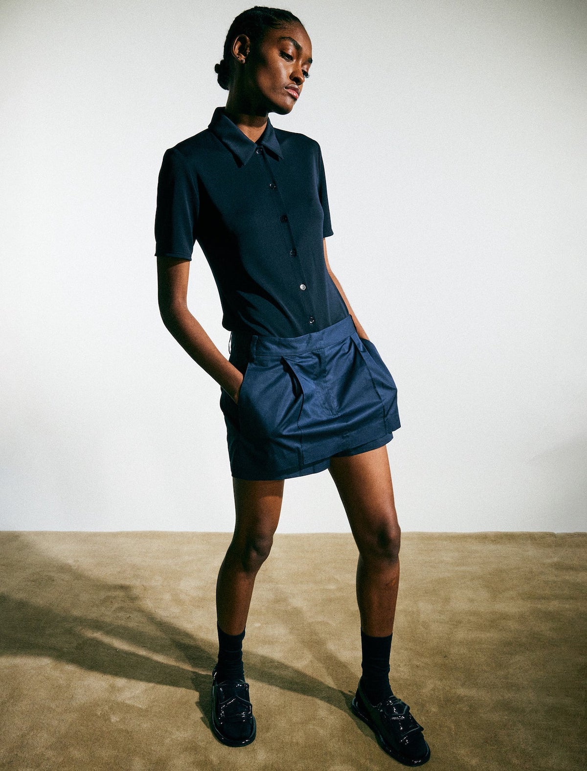 TIBI Harlow Jersey Slim Shirt in Navy