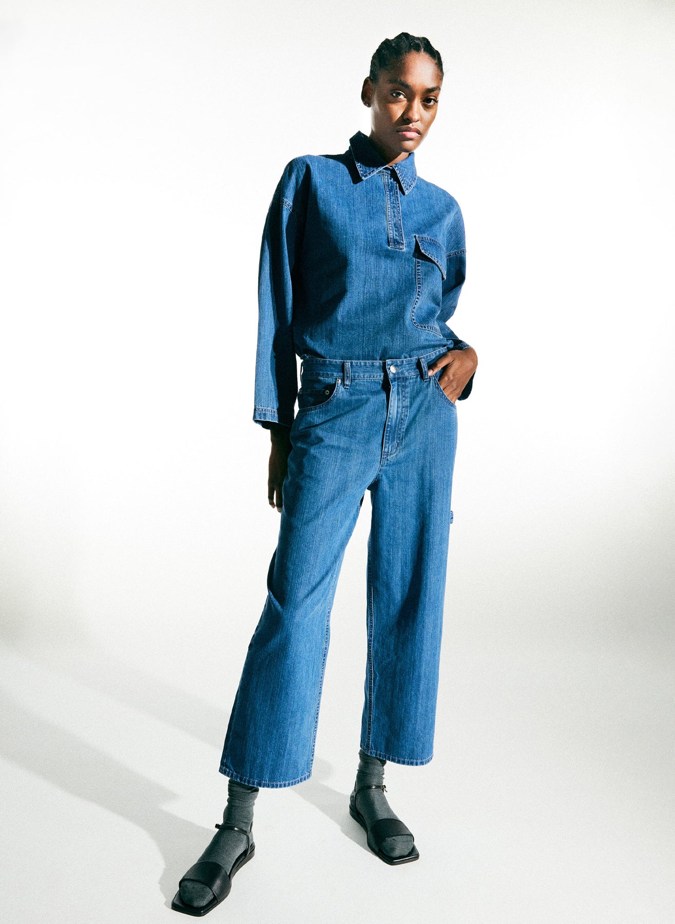 TIBI Stone Wash Denim Cropped Sam Jeans in Blue