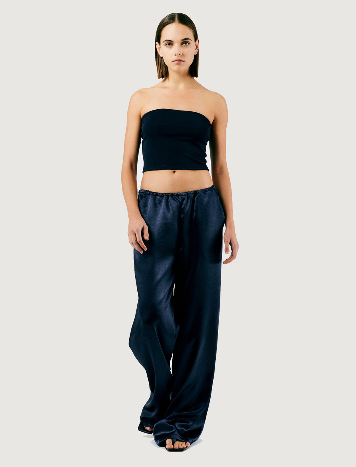 TIBI Summer Satin Wide Leg Pull-On Pants in Navy