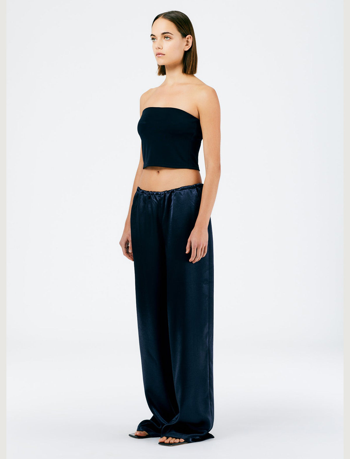 TIBI Summer Satin Wide Leg Pull-On Pants in Navy