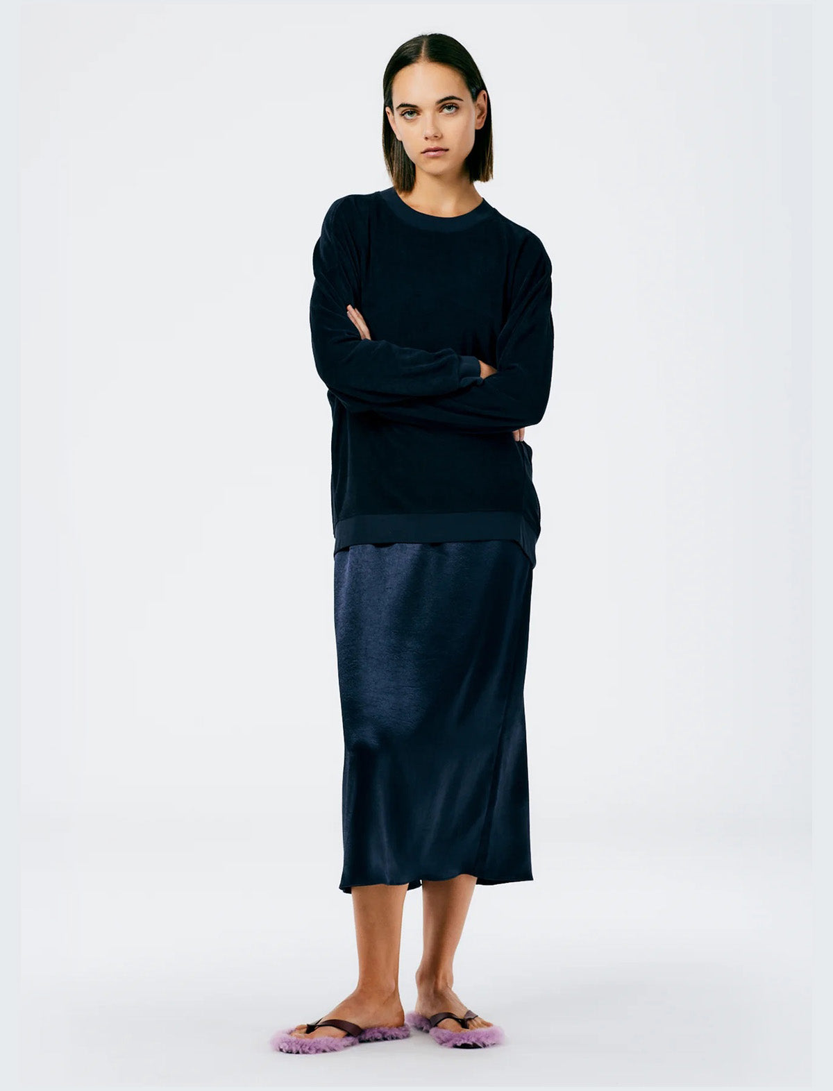 TIBI Summer Terry Crewneck Sweatshirt in Navy