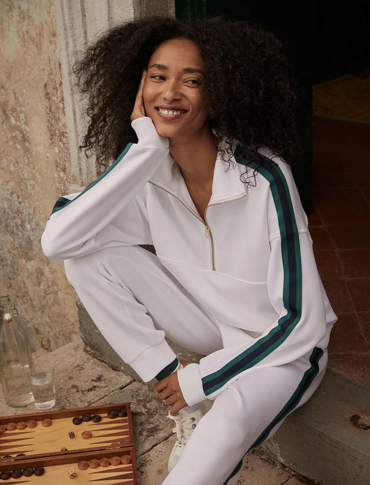 VARLEY The Slim Stripe Cuff Pant 26" in White/Navy/Forest