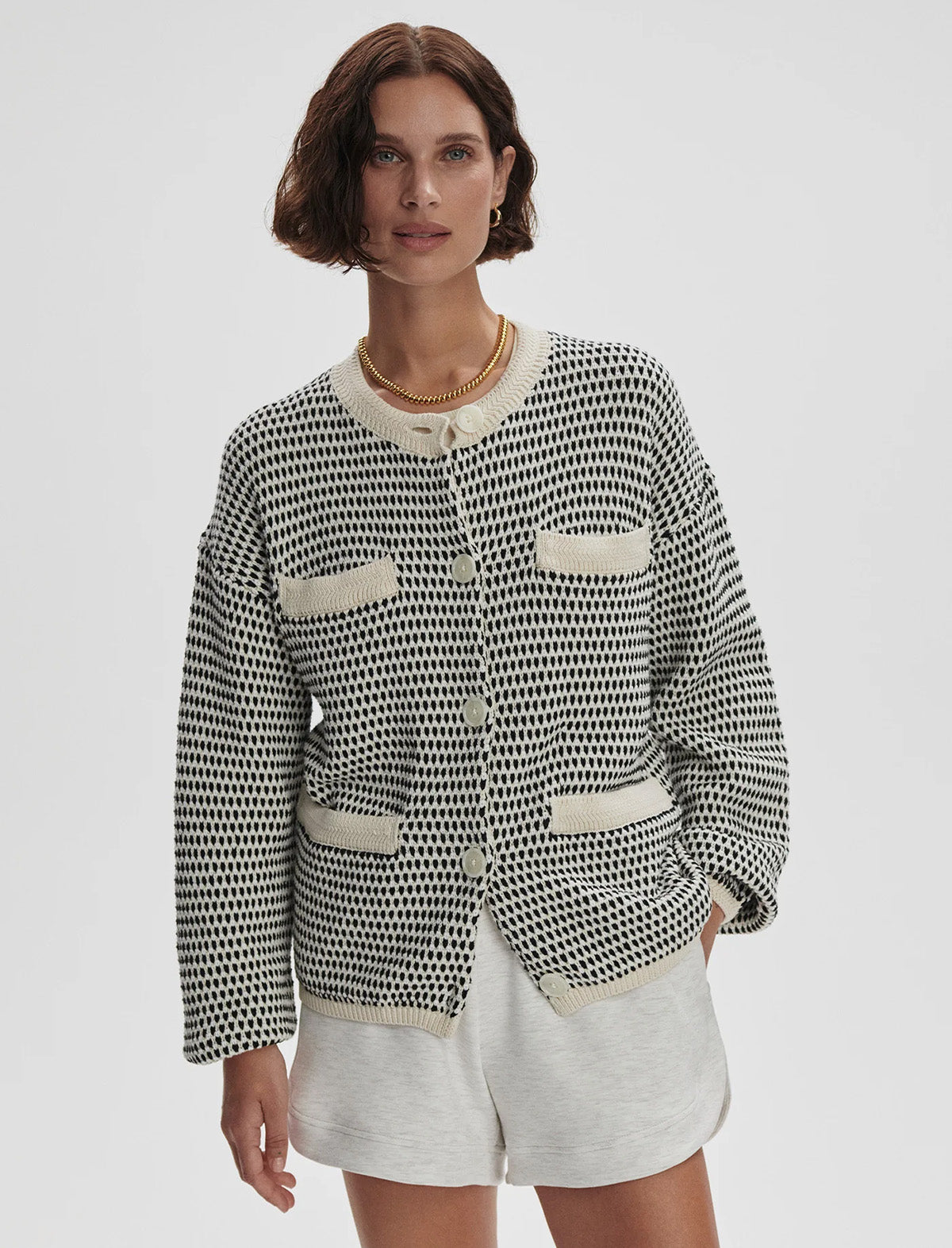 VARLEY Tidewell Textured Knit Jacket in Birch Multi Stitch