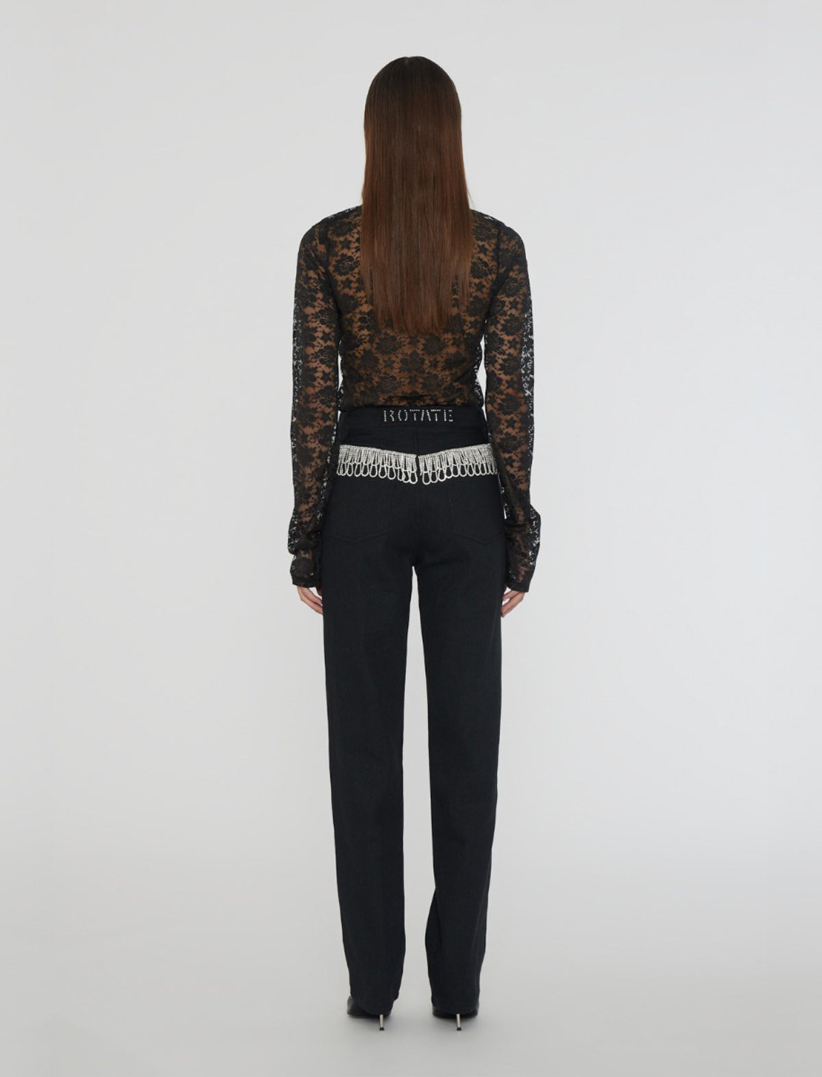 ROTATE BIRGER CHRISTENSEN Crystal Fringe Twill High Rise Denim Pants in Black