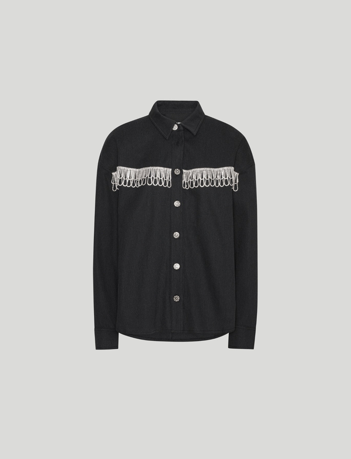 ROTATE BIRGER CHRISTENSEN Crystal Fringe Twill Denim Overshirt in Black