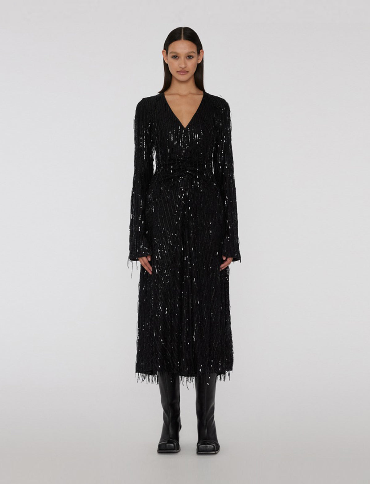 ROTATE Sierra Sequin Fringed Midi Dress in Black