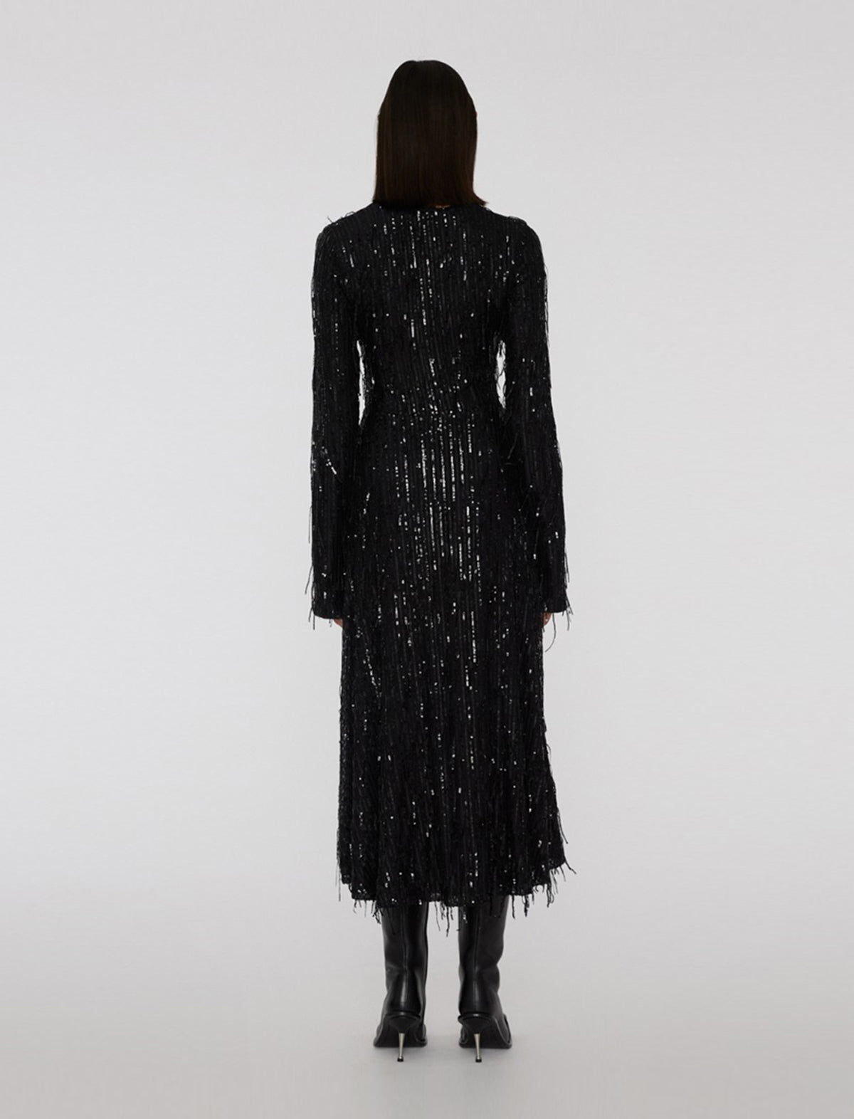 ROTATE Sierra Sequin Fringed Midi Dress in Black