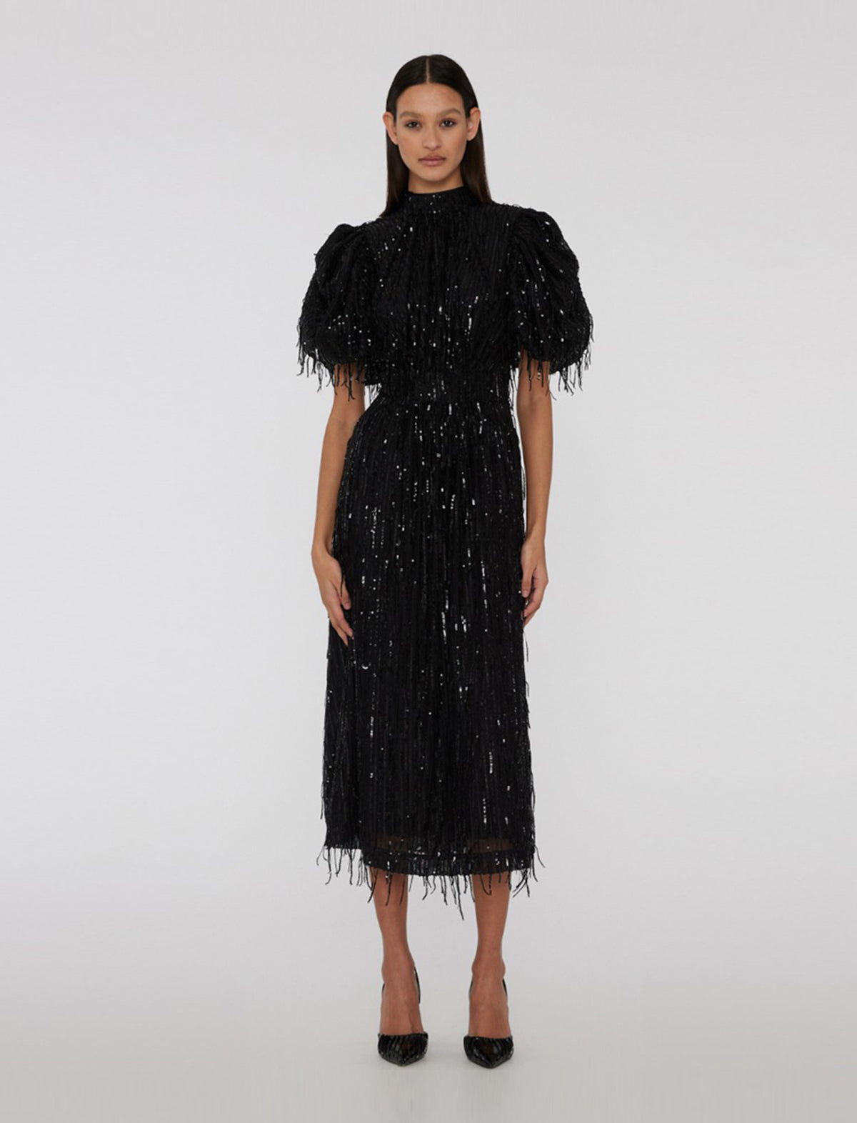 ROTATE Dawn Sequin Fringed Midi Dress in Black