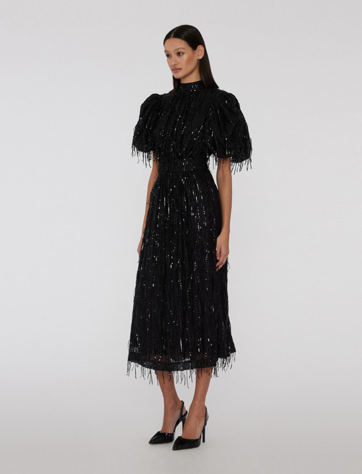 ROTATE Dawn Sequin Fringed Midi Dress in Black