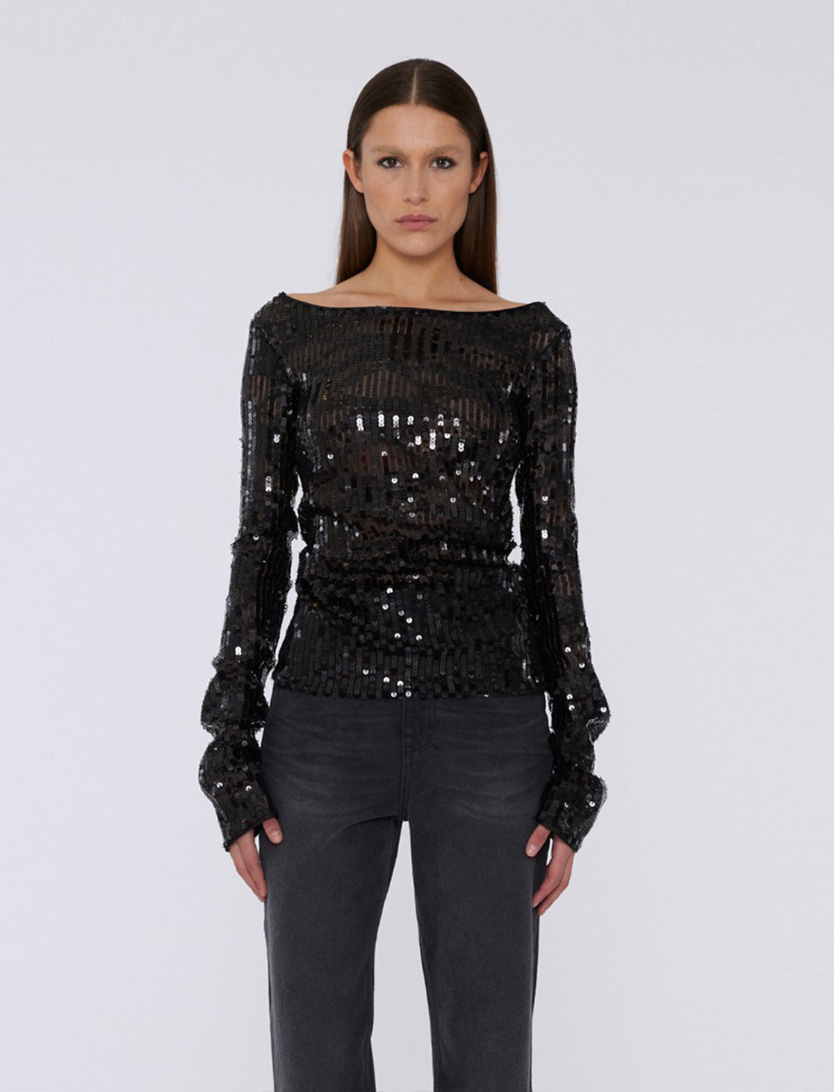 ROTATE BIRGER CHRISTENSEN Sequin Off-Shoulder Blouse in Black