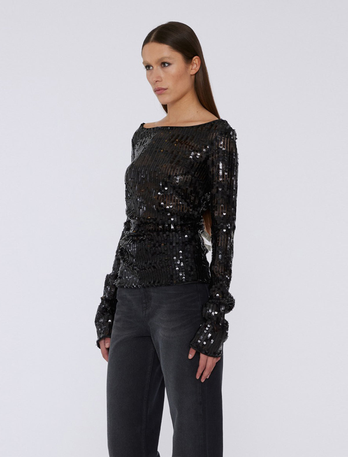 ROTATE BIRGER CHRISTENSEN Sequin Off-Shoulder Blouse in Black