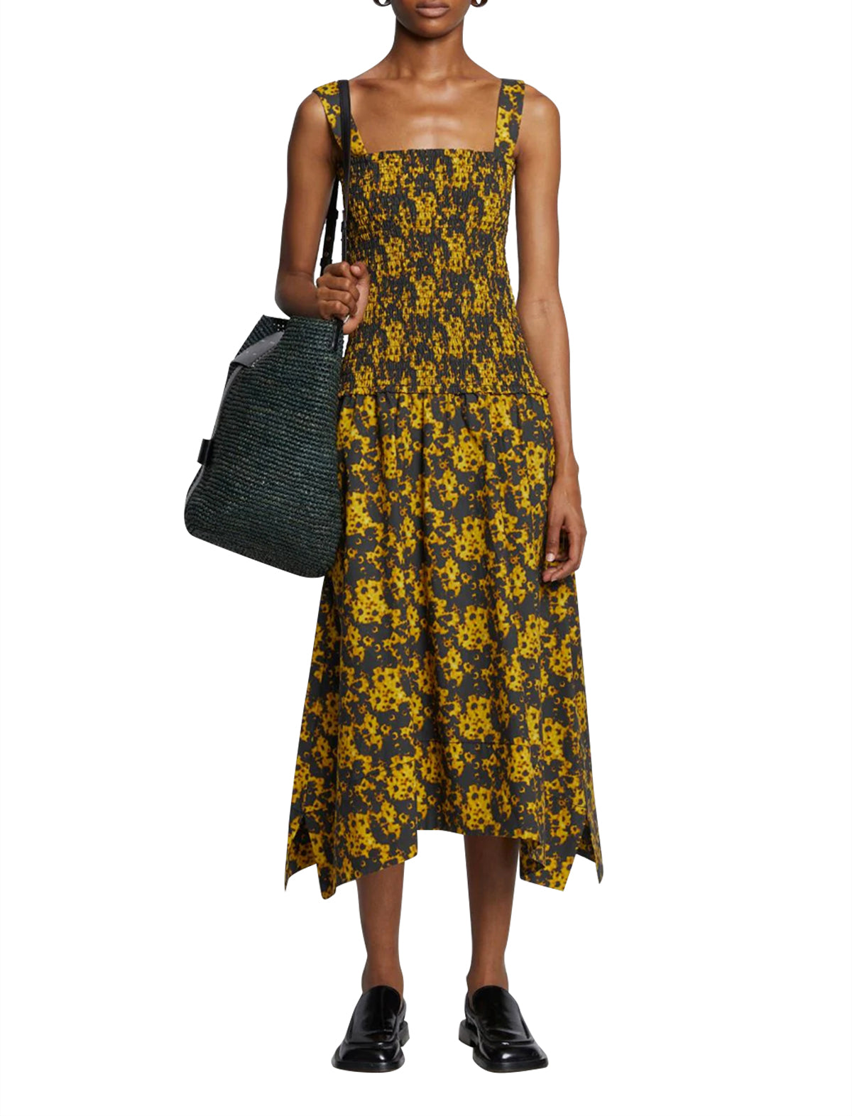 PROENZA SCHOULER WHITE LABEL Sunflower Poplin Smocked Dress in Goldenrod/Black