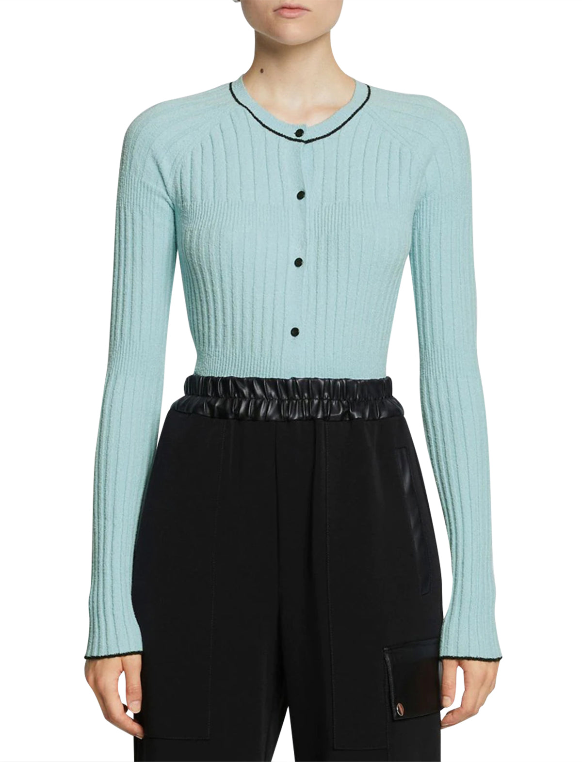 PROENZA SCHOULER WHITE LABEL Fine Boucle Cropped Cardigan in Sky Blue/Black