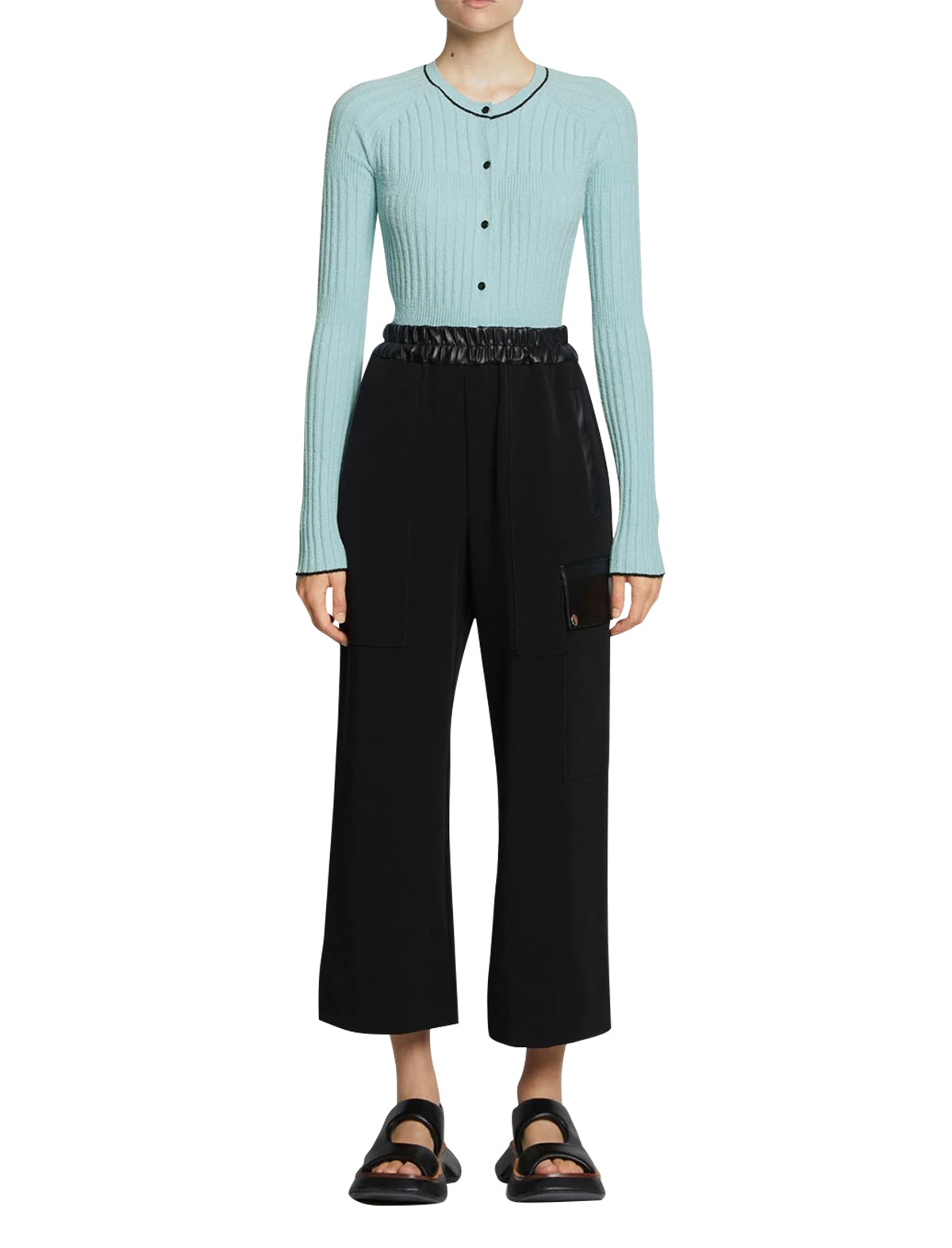 PROENZA SCHOULER WHITE LABEL Fine Boucle Cropped Cardigan in Sky Blue/Black