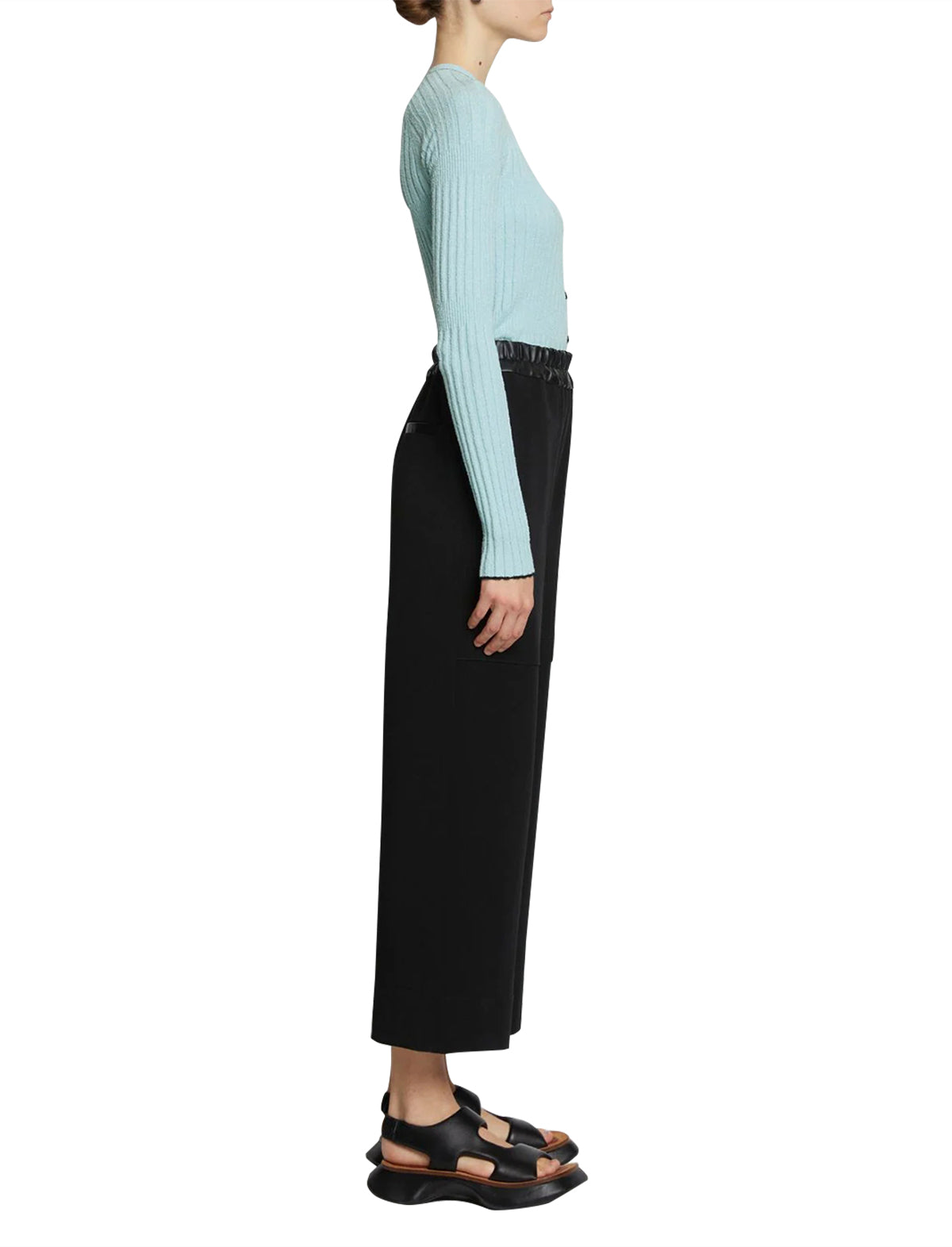 PROENZA SCHOULER WHITE LABEL Fine Boucle Cropped Cardigan in Sky Blue/Black