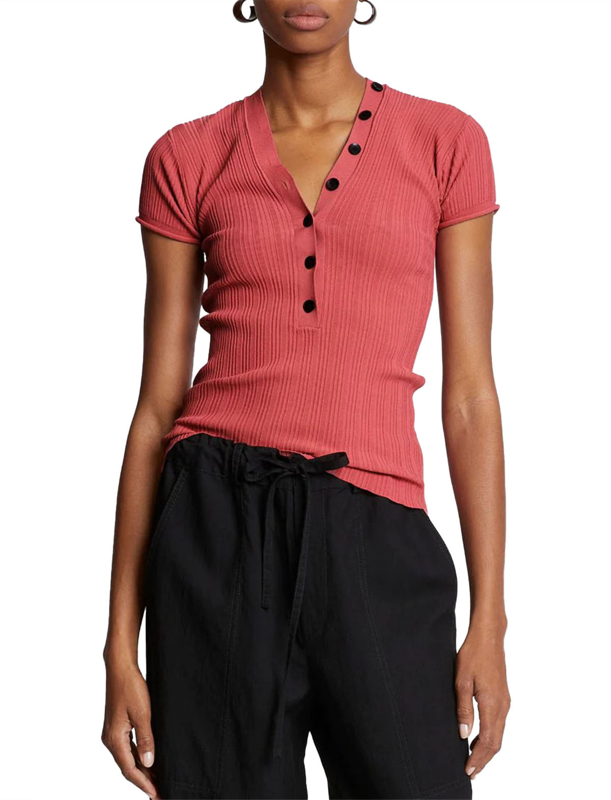 PROENZA SCHOULER WHITE LABEL Knit Short Sleeve Polo Top In Rose