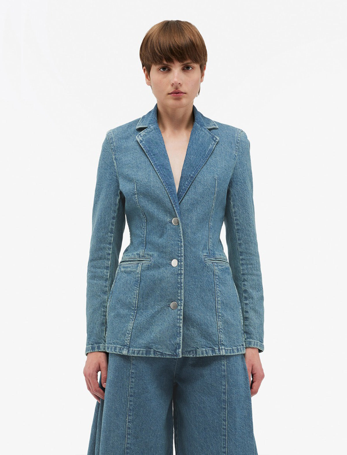 REMAIN Fitted Denim Blazer in Bering Sea