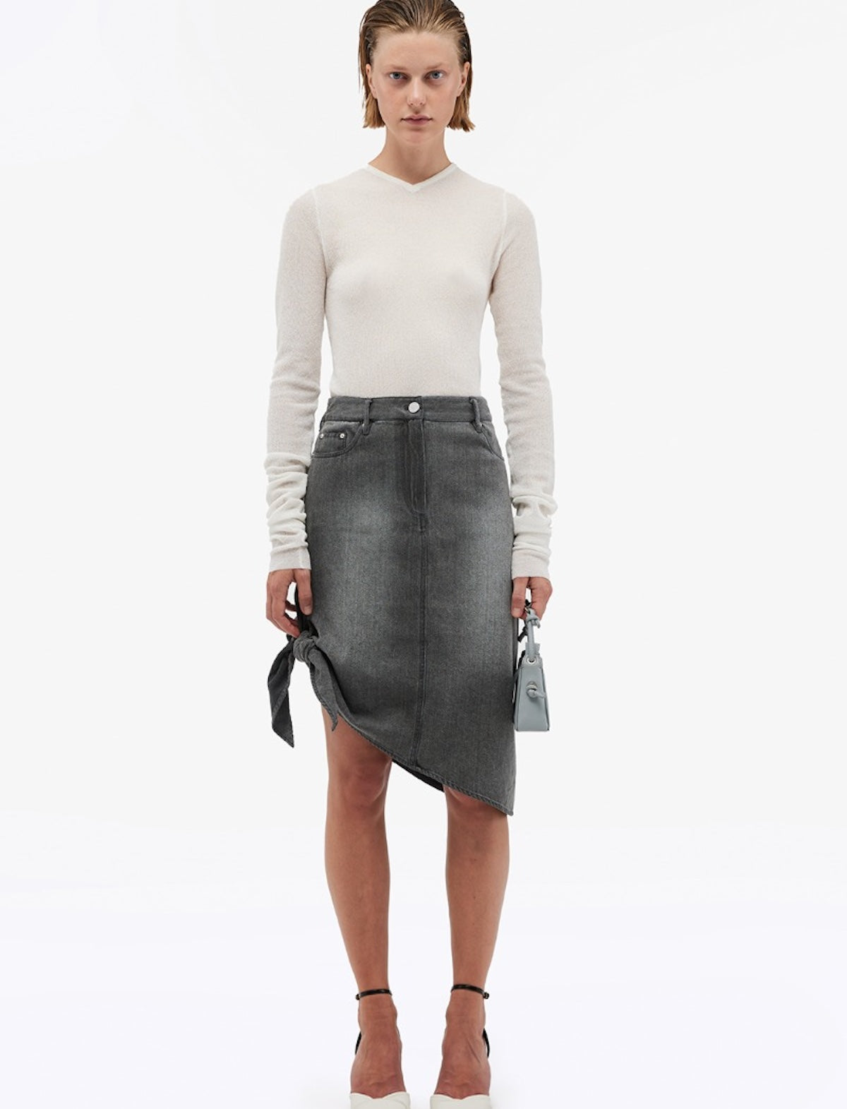 REMAIN Drapy Denim Skirt in Silver Filigree