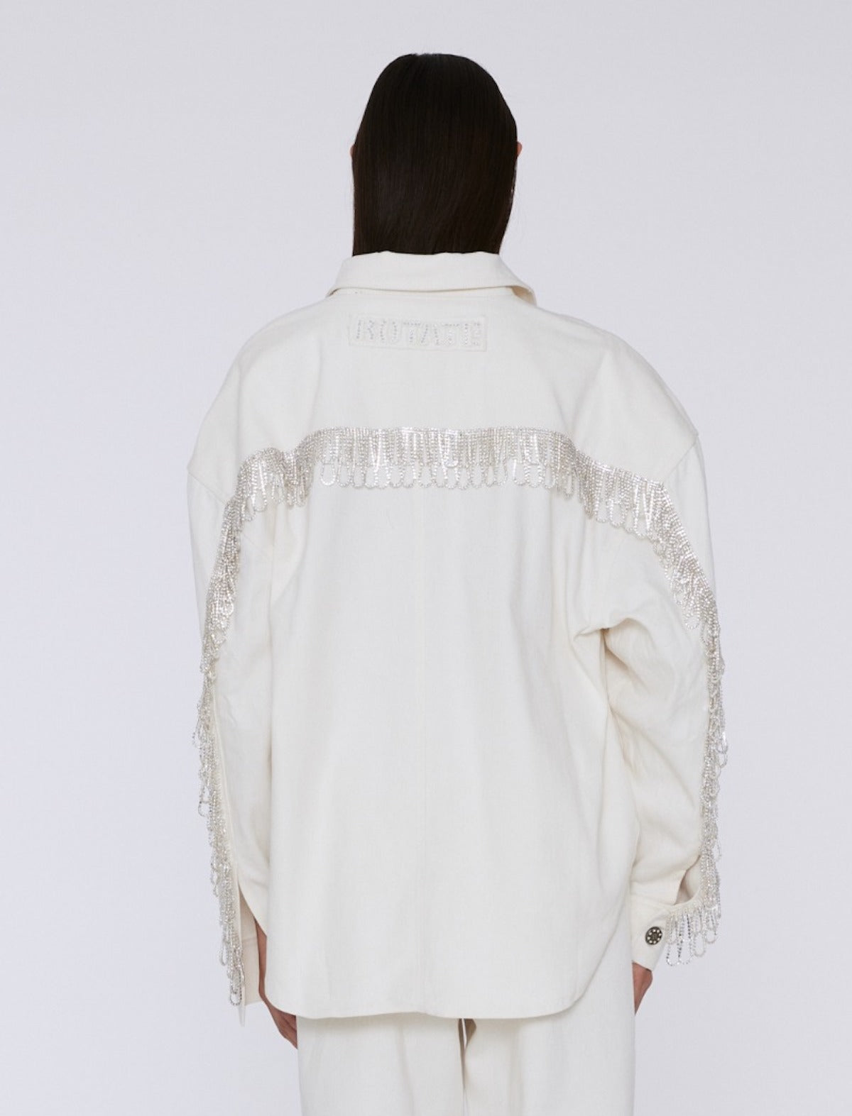 ROTATE BIRGER CHRISTENSEN Crystal Fringe Twill Denim Overshirt in White