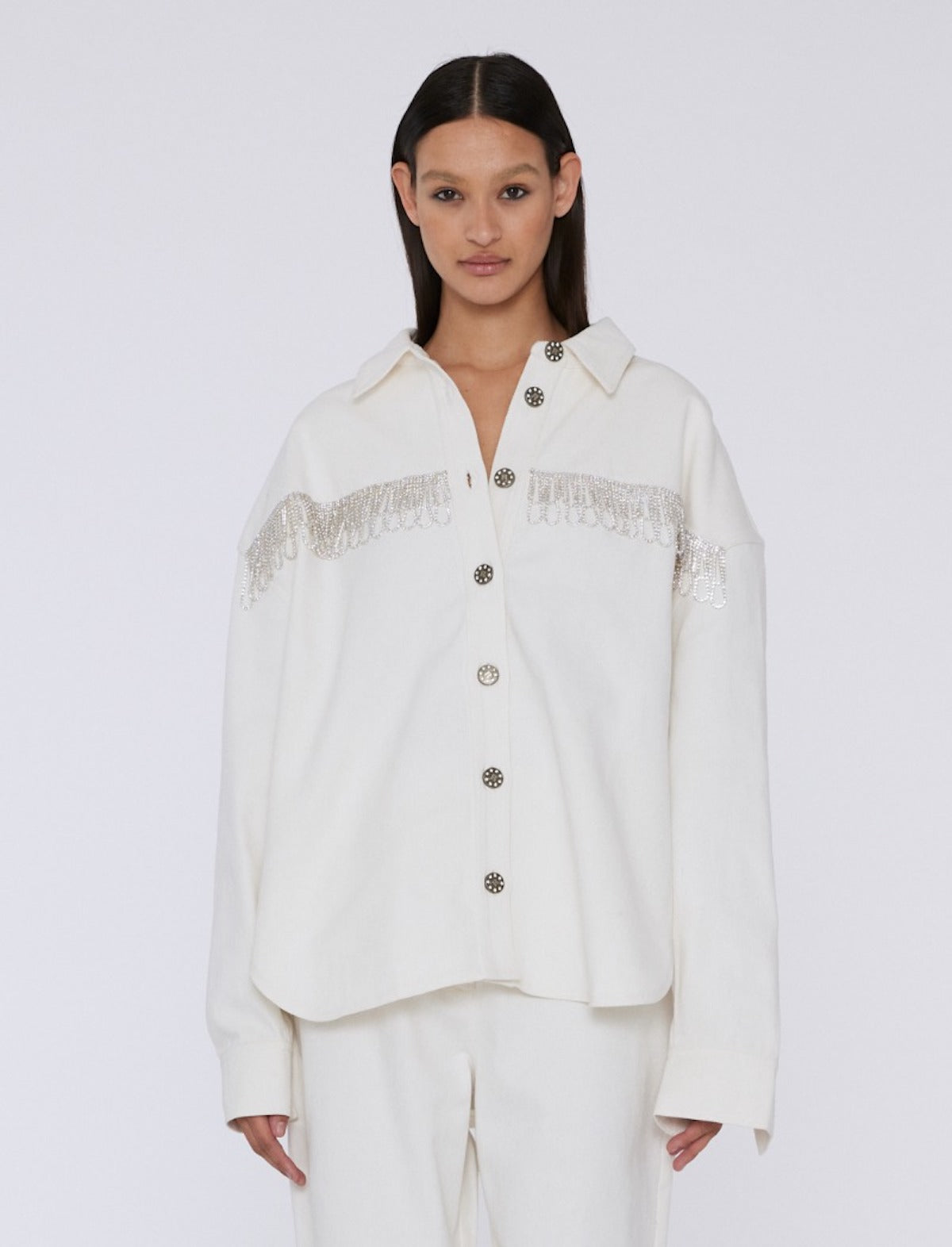 ROTATE BIRGER CHRISTENSEN Crystal Fringe Twill Denim Overshirt in White