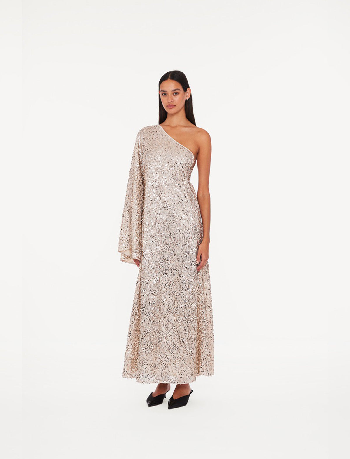 ROTATE Birger Christensen Net Sequins Maxi Dress In Macadamia