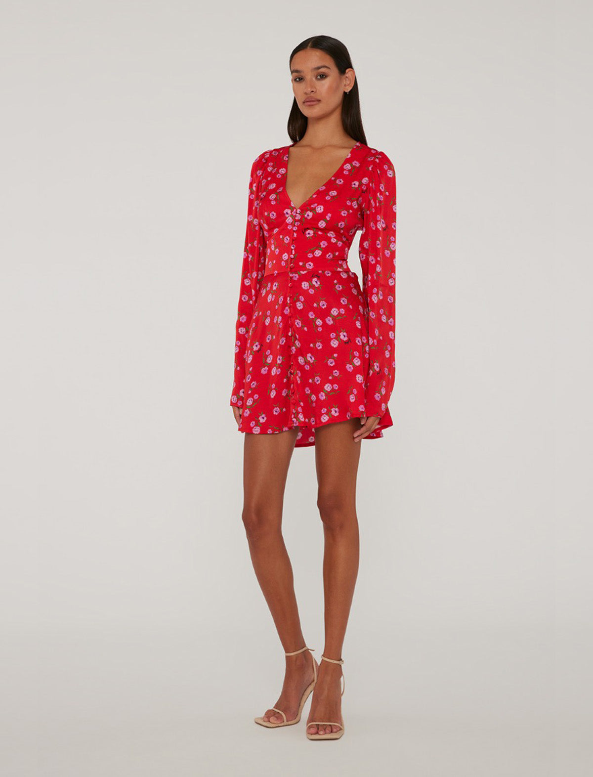 ROTATE Birger Christensen Printed V-Neck Mini Dress In Wildeve Risk Red Print