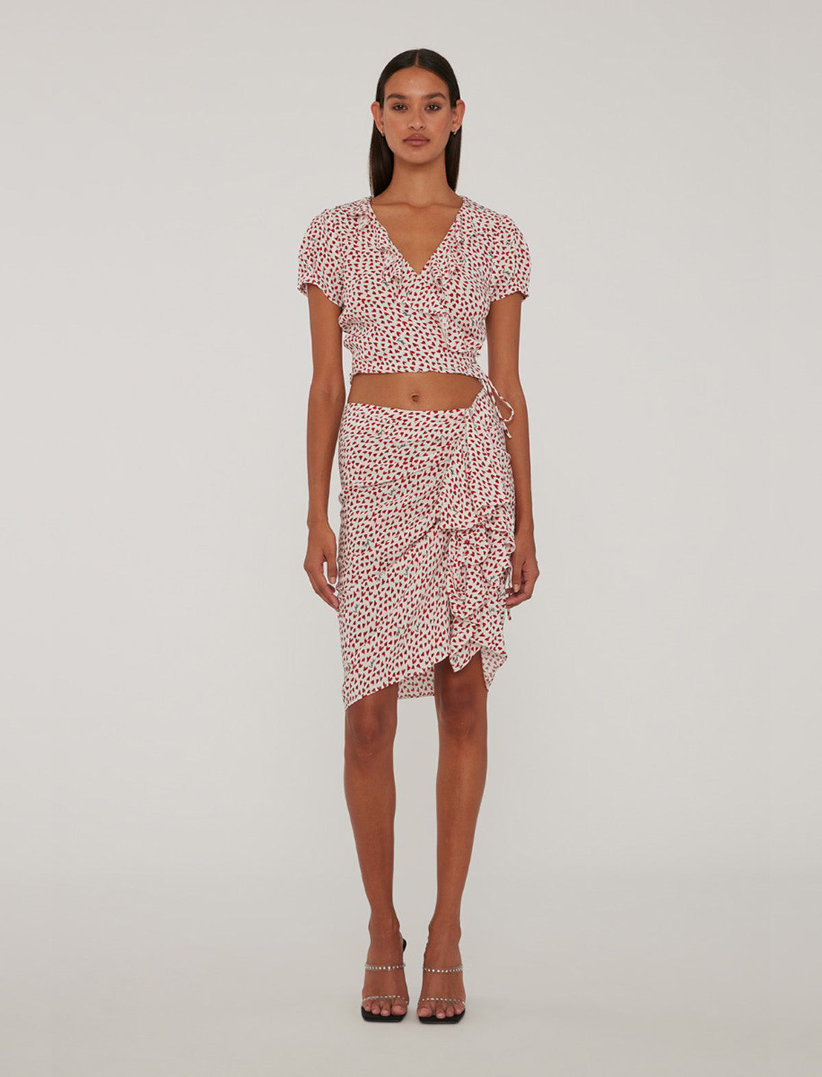 ROTATE Birger Christensen Printed Mini Ruffle Skirt In Happy Hearts