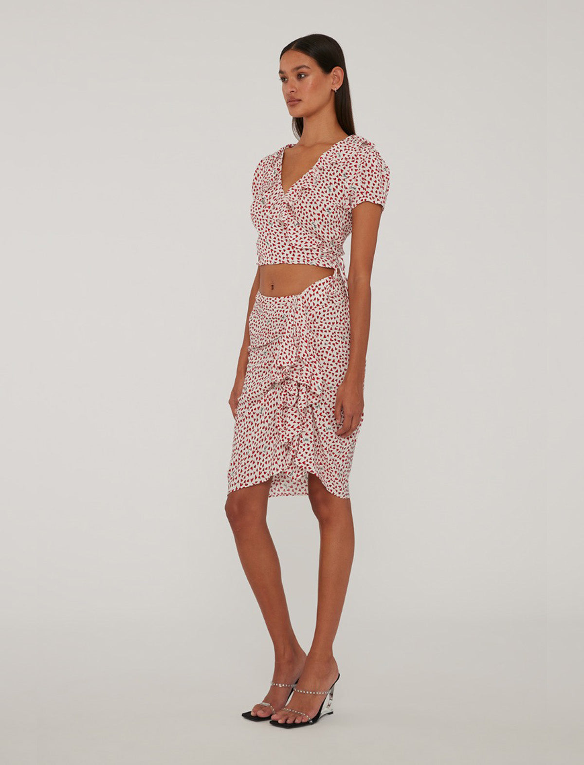 ROTATE Birger Christensen Printed Mini Ruffle Skirt In Happy Hearts