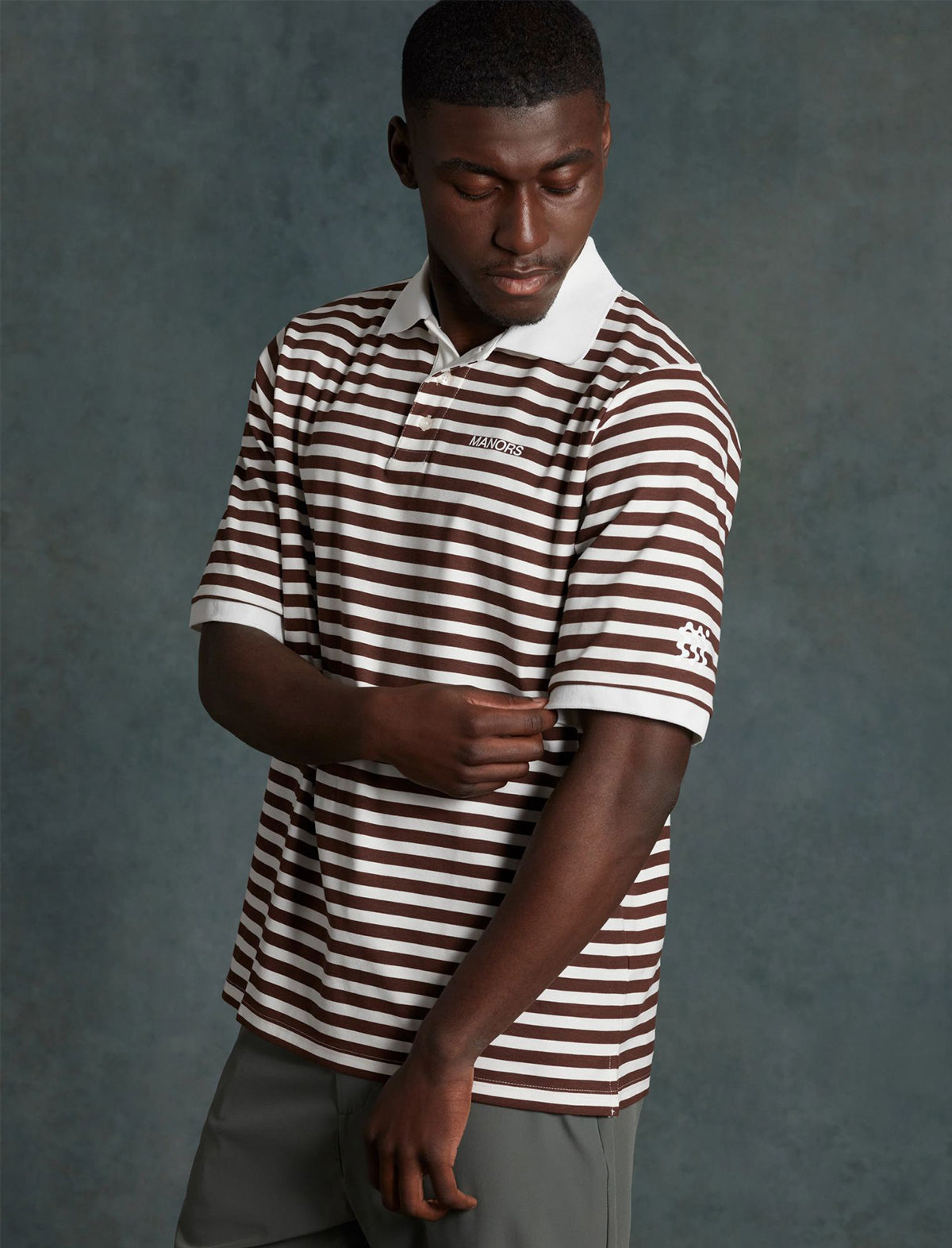 MANORS GOLF Striped Pique Polo in Cream / Brown