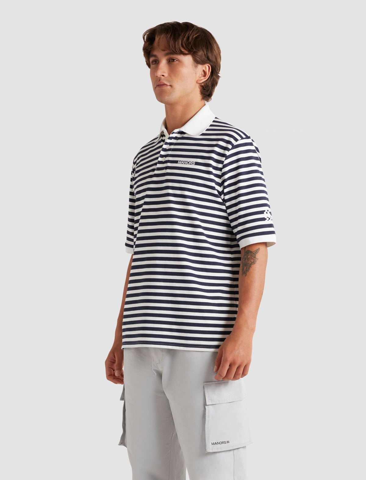 MANORS GOLF Striped Pique Polo in Cream / Navy