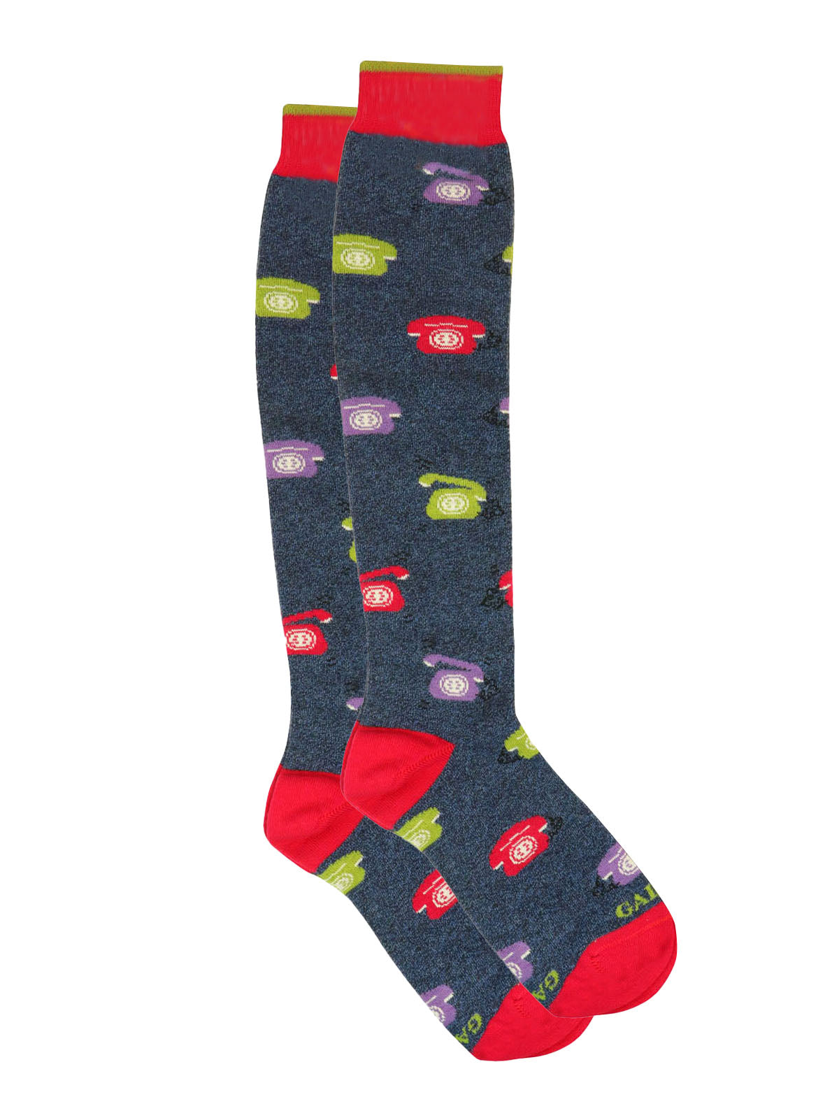 Gallo Long Socks in Navy w/ Multi-Coloured Telephone Print