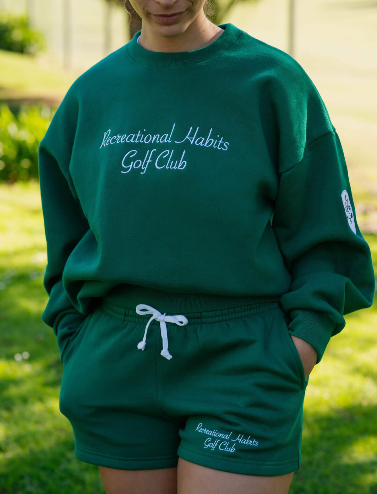 RECREATIONAL HABITS Augusta Golf Crewneck Sweater in Emerald Green