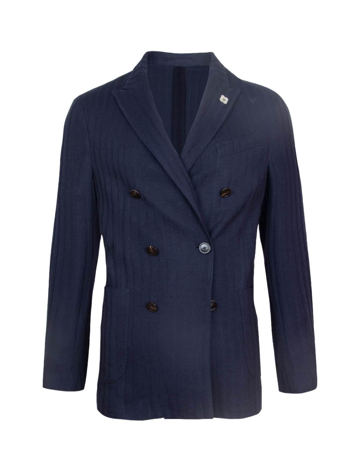 LARDINI Double-Breasted Wool Blend Knit Blazer in Navy | CLOSET Singapore