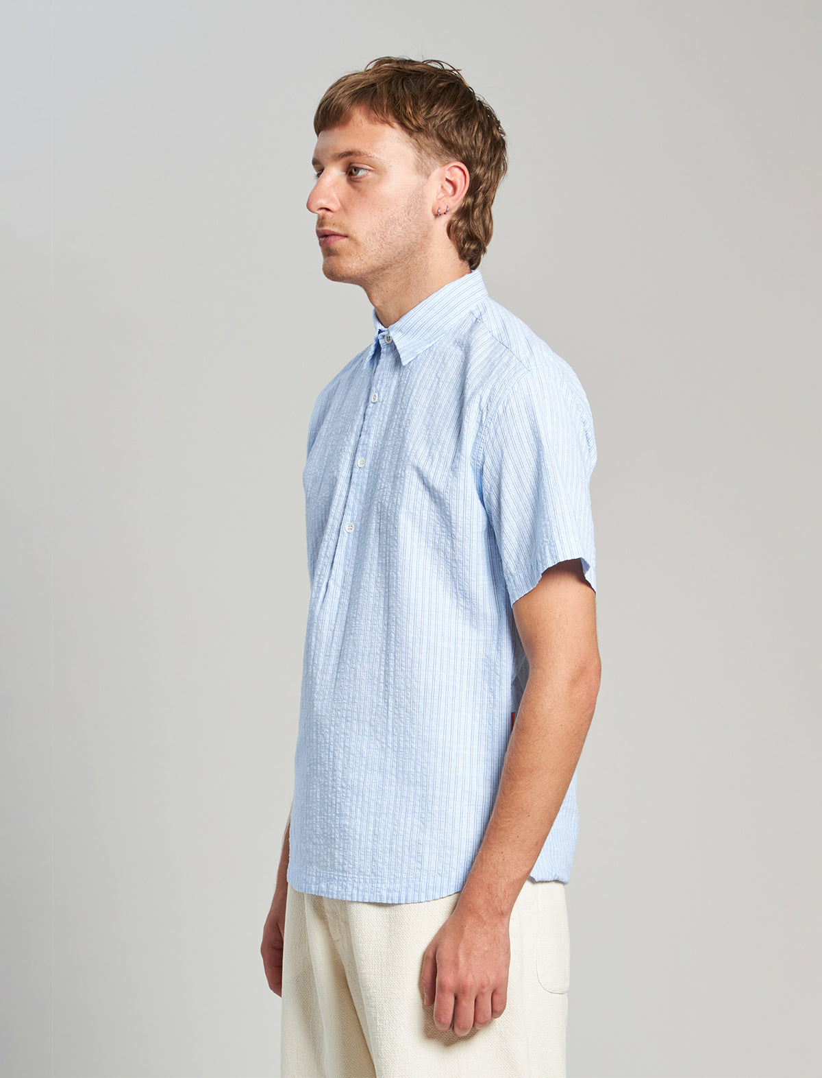 BARENA VENEZIA Half-Buttoned Short-Sleeve Cotton Shirt in Light Blue