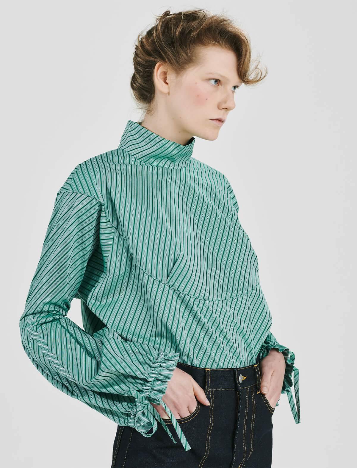 BEAUTIFUL PEOPLE Organic Cotton Striped Shirting Blouse In Green | CLOSET Singapore