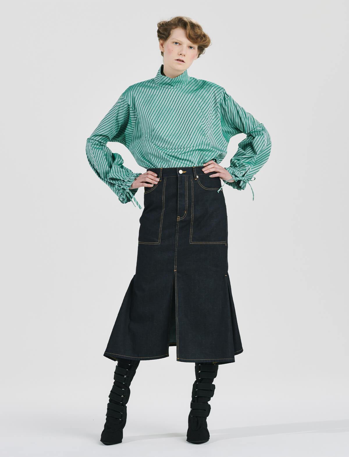 BEAUTIFUL PEOPLE Organic Cotton Striped Shirting Blouse In Green | CLOSET Singapore