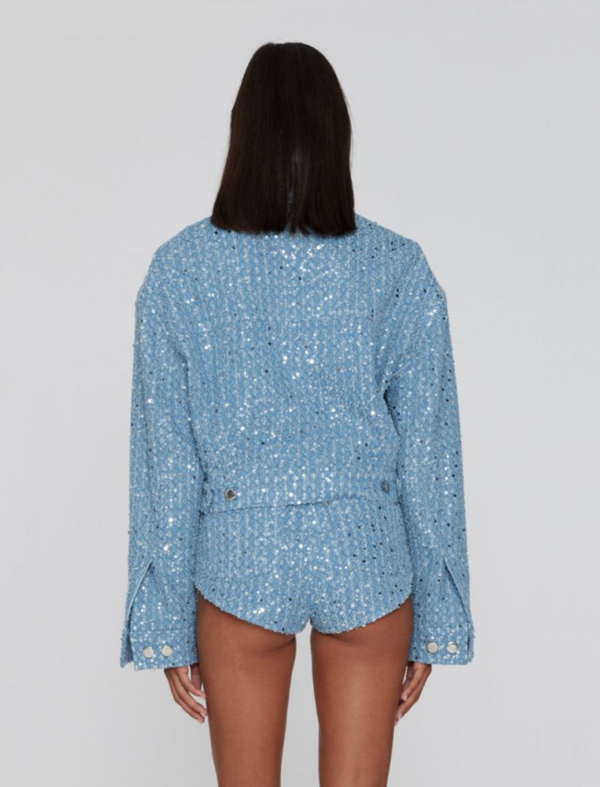 ROTATE Birger Christensen Sequin Embellished Denim Cropped Biker Jacket in Medium Blue