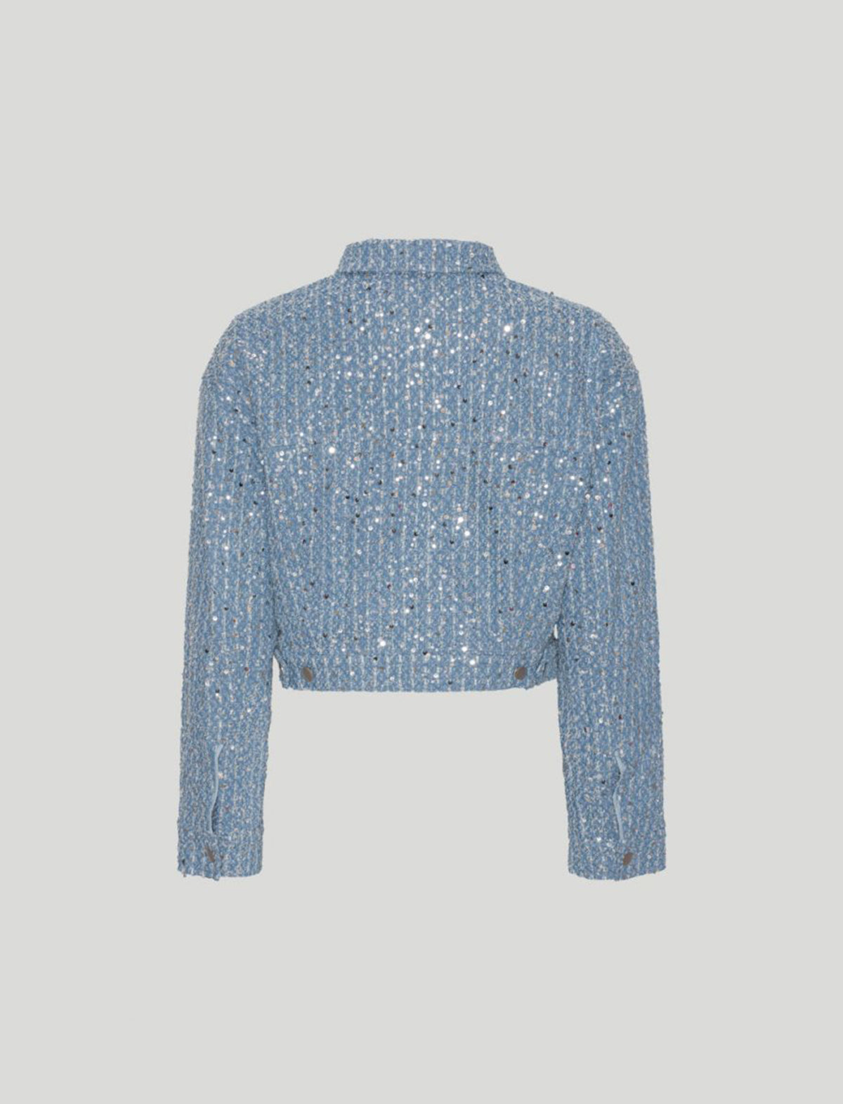 ROTATE Birger Christensen Sequin Embellished Denim Cropped Biker Jacket in Medium Blue