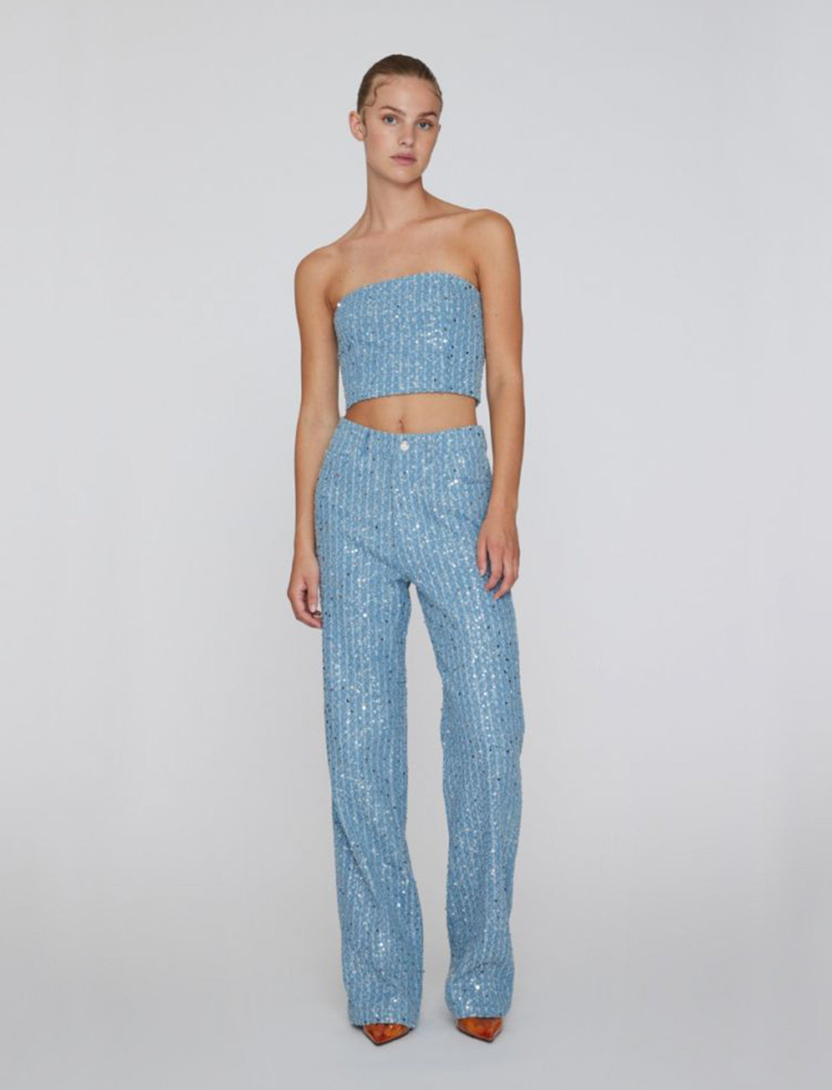 ROTATE Birger Christensen Sequin Embellished Denim Straight Pants in Medium Blue