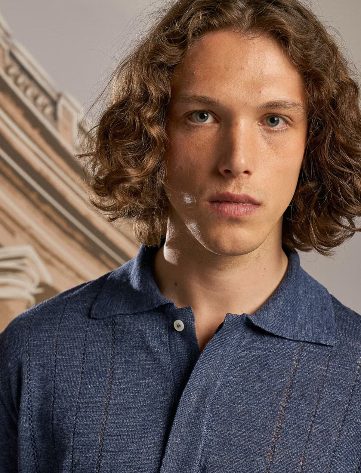 LARDINI Flax Knitted Polo Shirt in Blue
