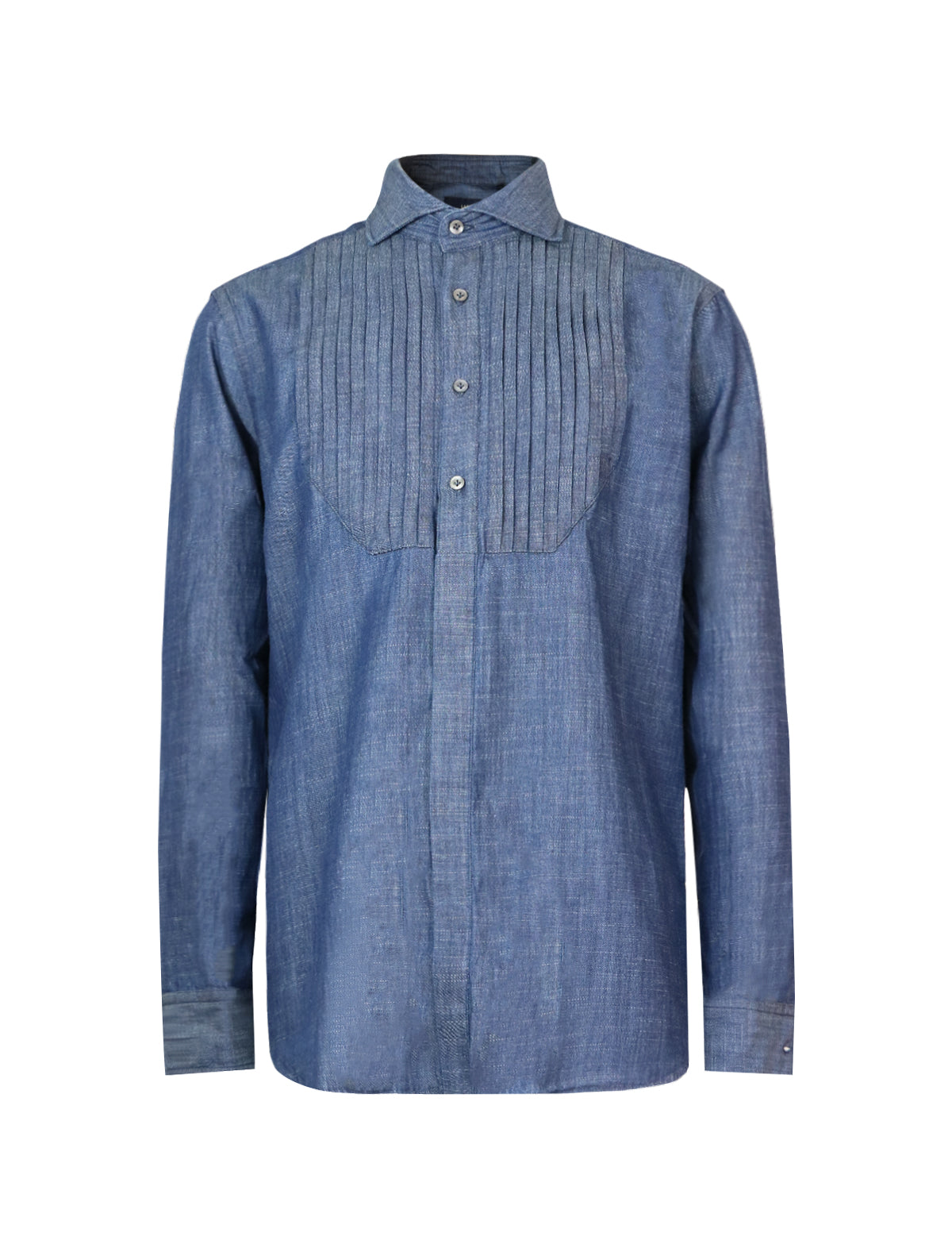 LARDINI Pleated Denim Shirt in Blue
