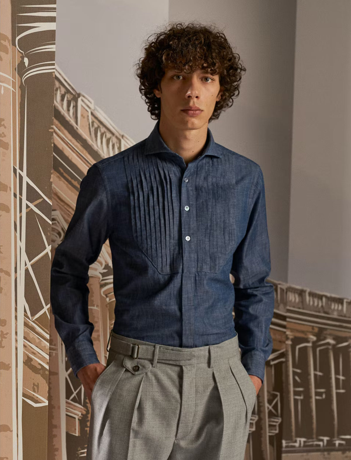 LARDINI Pleated Denim Shirt in Blue
