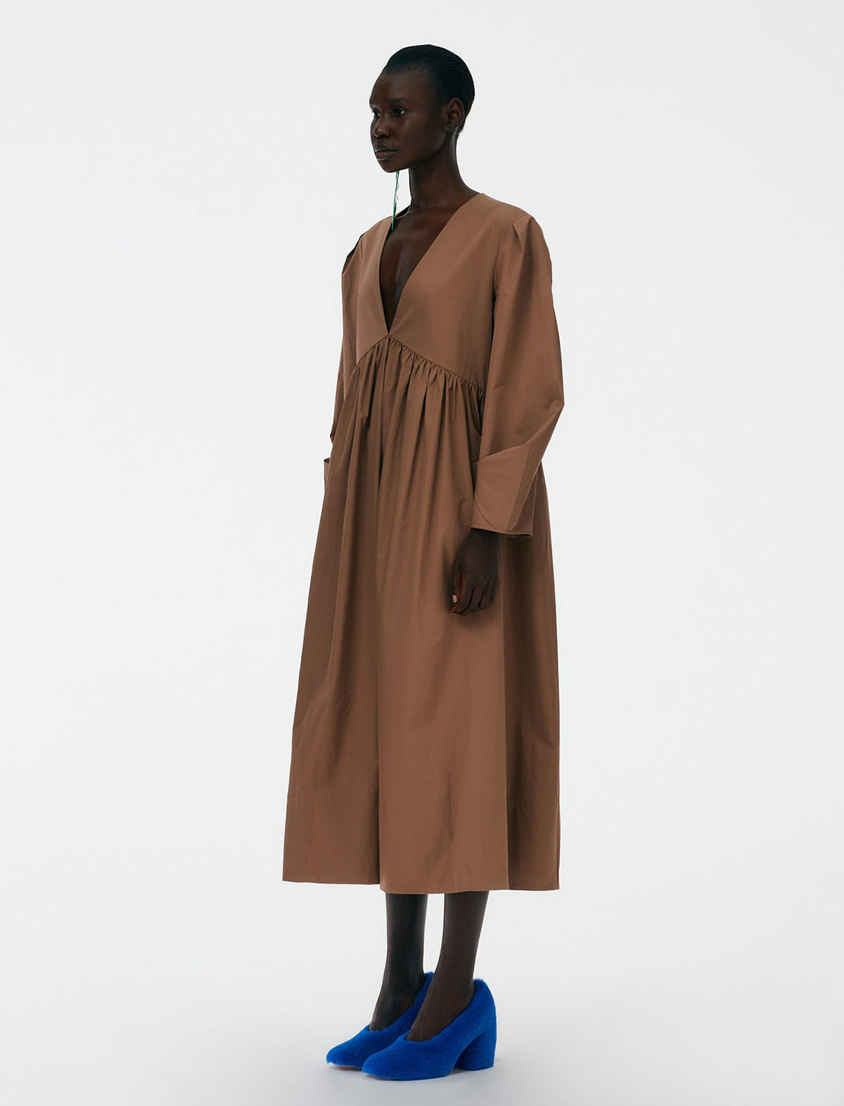 TIBI Eco-Poplin V-Neck Pleated Dress in Hazelnut