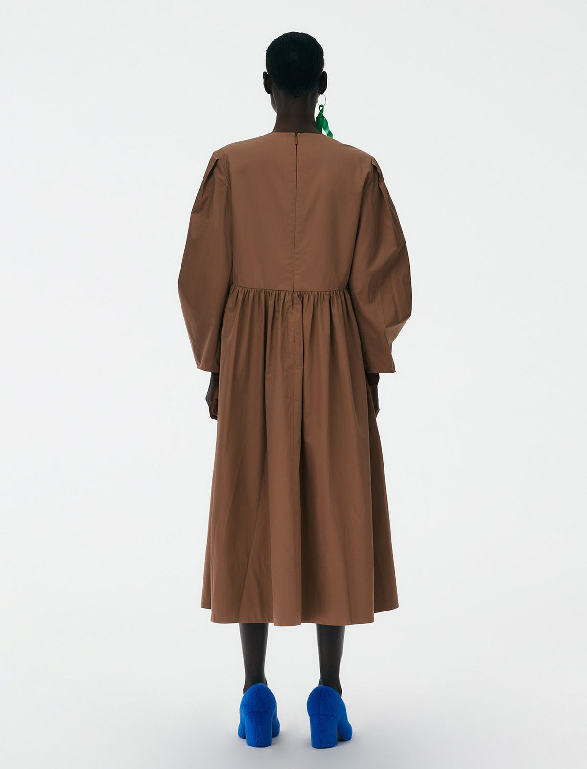 TIBI Eco-Poplin V-Neck Pleated Dress in Hazelnut