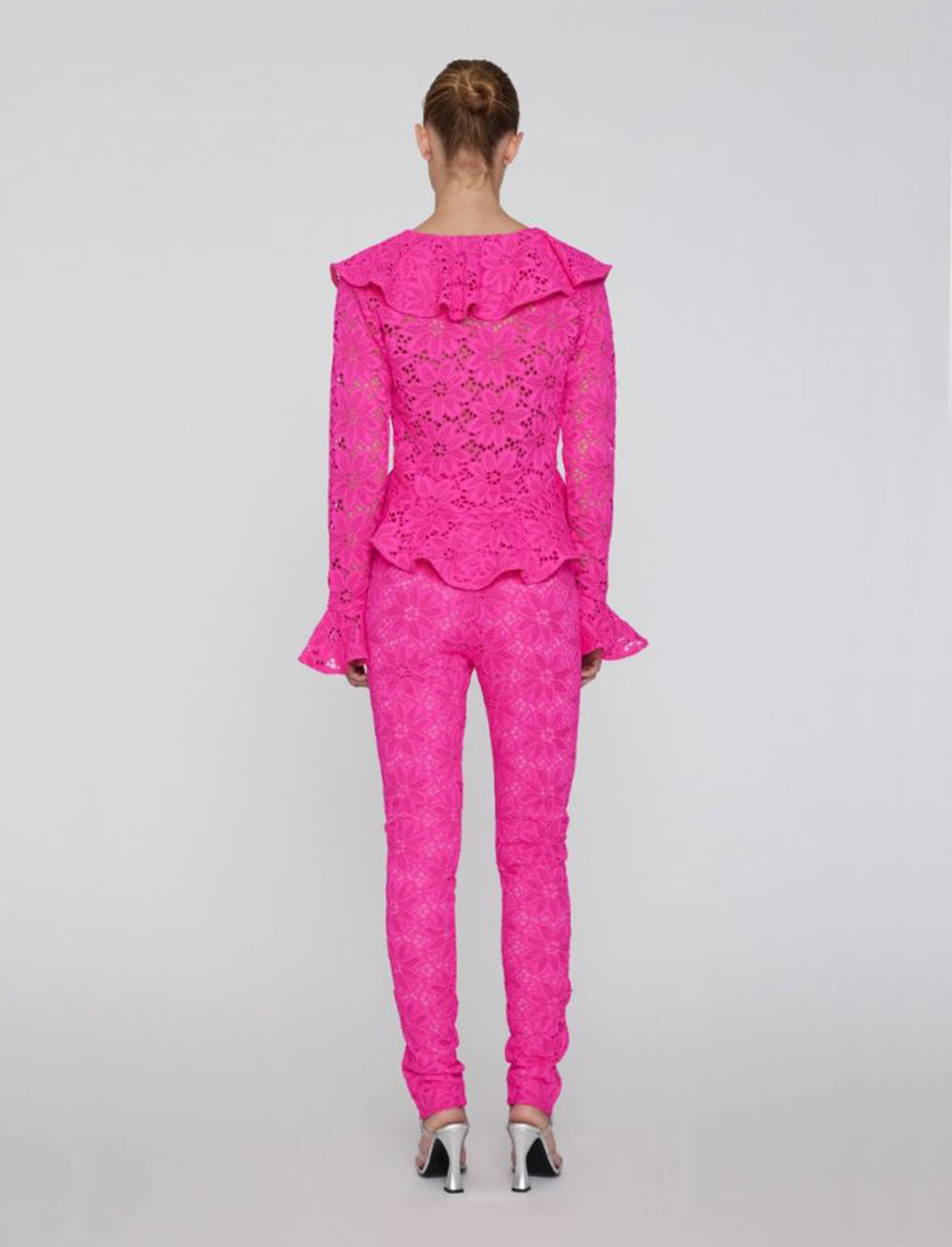 ROTATE Birger Christensen Heavy Lace High Rise Pants in Pink Glo