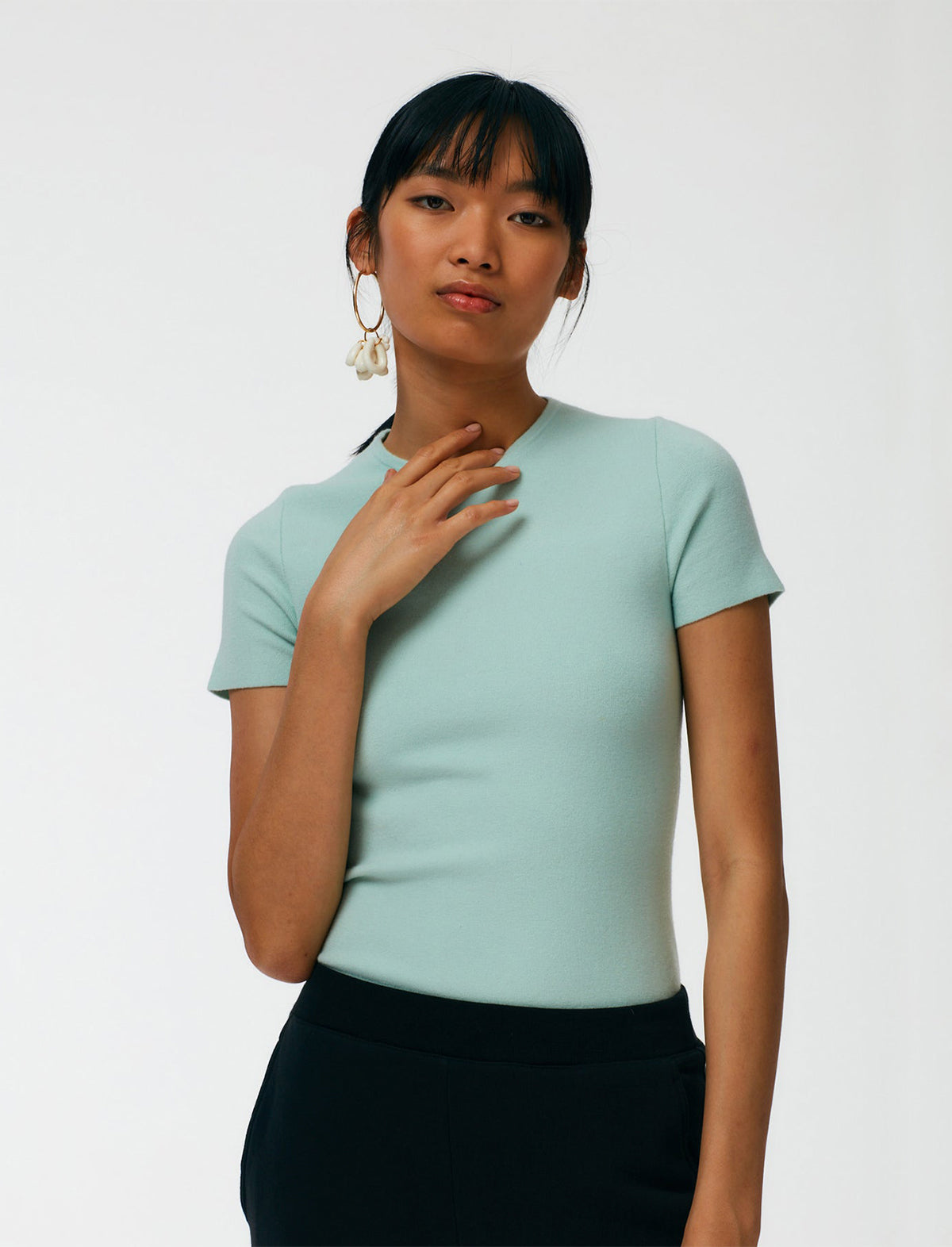 TIBI Compact Stretch Cashmere T-Shirt in Light Blue Sage