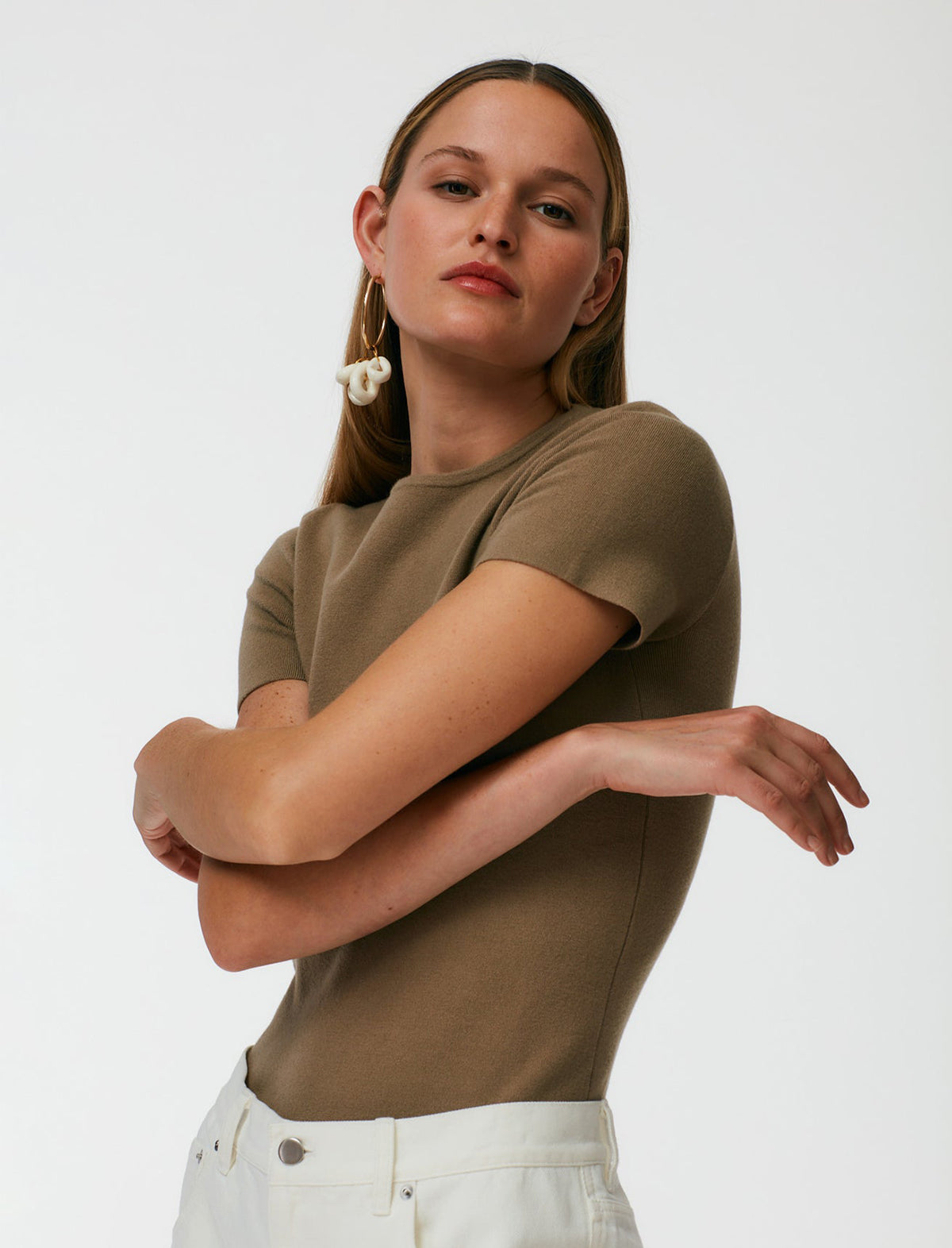 TIBI Compact Stretch Cashmere T-Shirt in Sand
