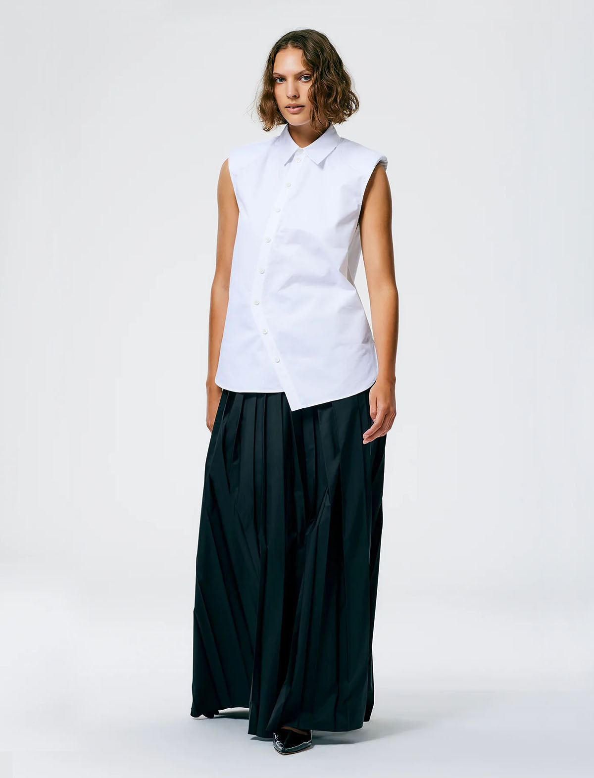 Tibi Eco-Poplin Sleeveless Shoulderpad Shirt in White