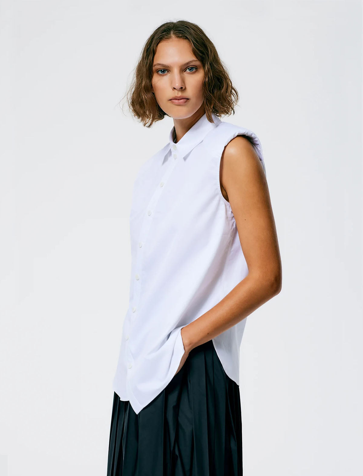 Tibi Eco-Poplin Sleeveless Shoulderpad Shirt in White