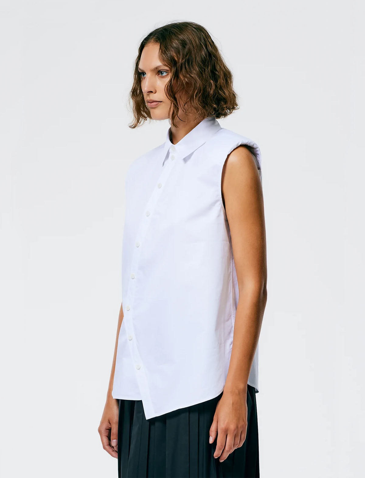 Tibi Eco-Poplin Sleeveless Shoulderpad Shirt in White